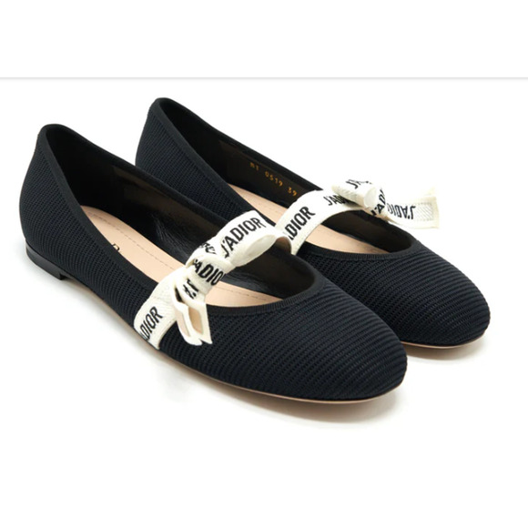 Dior J'Adior Textured Fabric Bow Round Toe Ballerina Flats Black Women's EU 36.5 - Picture 1 of 8